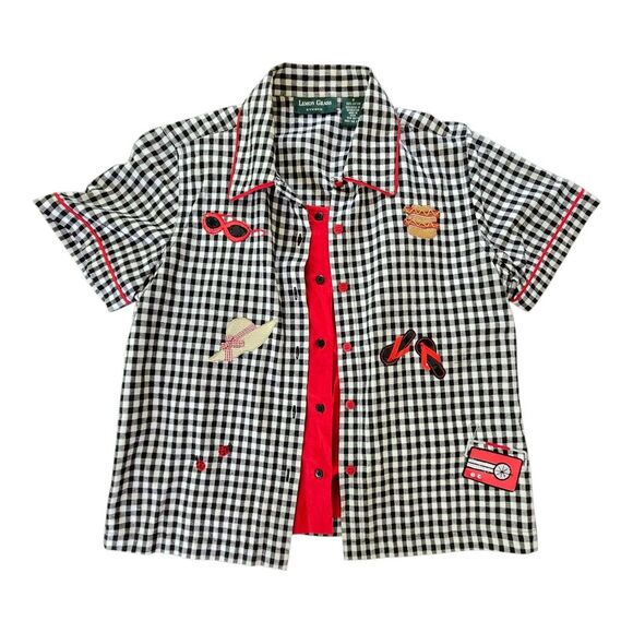Vtg Lemon Grass Black Gingham Plaid Embroidered Picnic Button-Up Shirt Novelty S - Picture 1 of 12
